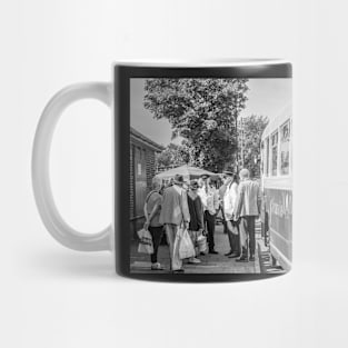 Vintage bus collecting passengers in the Norfolk town of Sheringham Mug